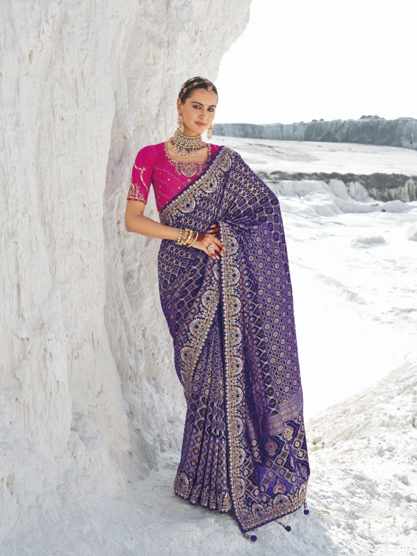 Pure Georgette Bandhani Patola Silk Fabric Wedding wear Saree In Blue Color With Embroidery Work