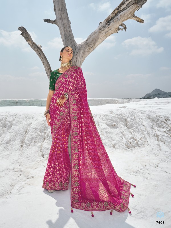 Pure Georgette Bandhani Patola Silk Fabric Wedding wear Saree In Pink Color With Embroidery Work