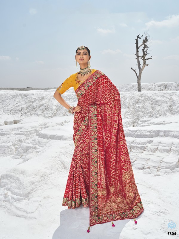 Pure Georgette Bandhani Patola Silk Fabric Wedding wear Saree In Red Color With Embroidery Work