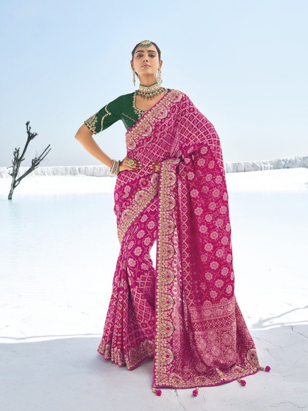 Pure Georgette Bandhani Patola Silk Fabric Wedding wear Saree In Pink Color With Embroidery Work