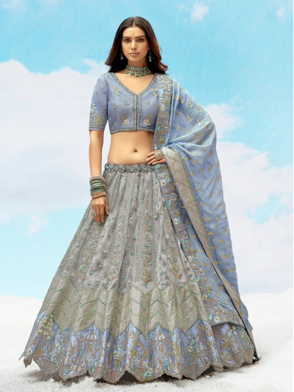Fancy Silk Wedding Wear Lehenga in Grey Color With Embroidery work