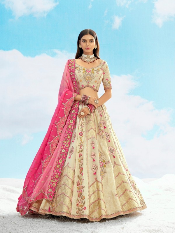 Fancy Silk Wedding Wear Lehenga in Cream Color With Embroidery work