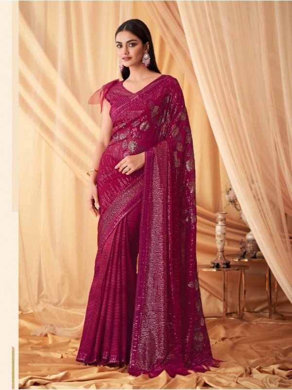 Georgette Party wear Saree Magenta Color With Embroidery Work