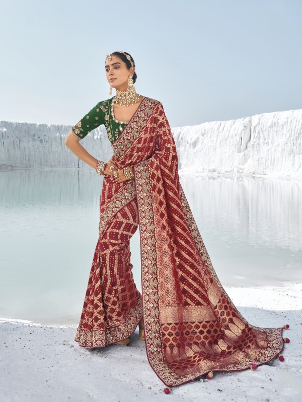 Pure Georgette Bandhani Patola Silk Fabric Wedding wear Saree In Maroon Color With Embroidery Work