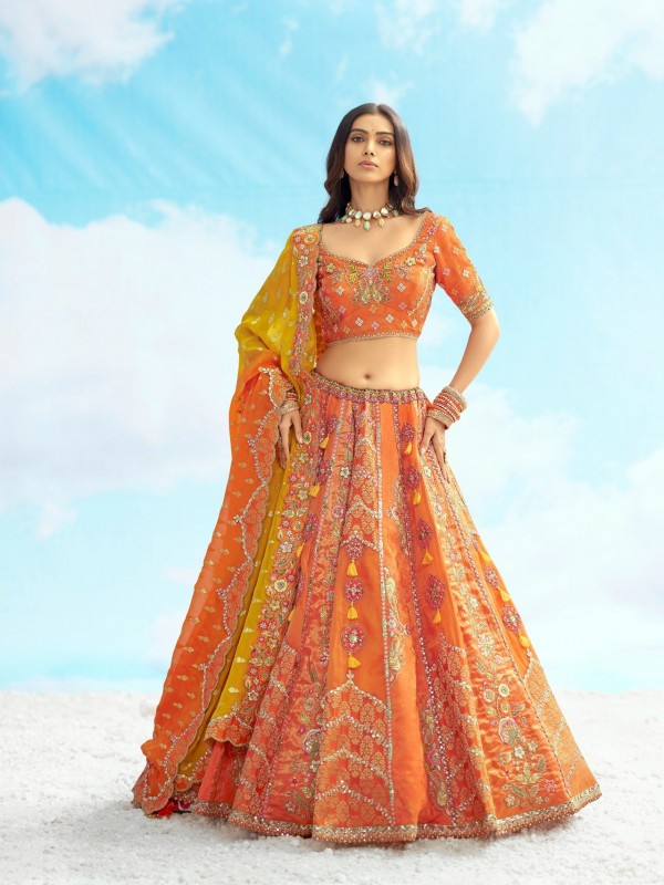 Fancy Silk Wedding Wear Lehenga in Orange Color With Embroidery work