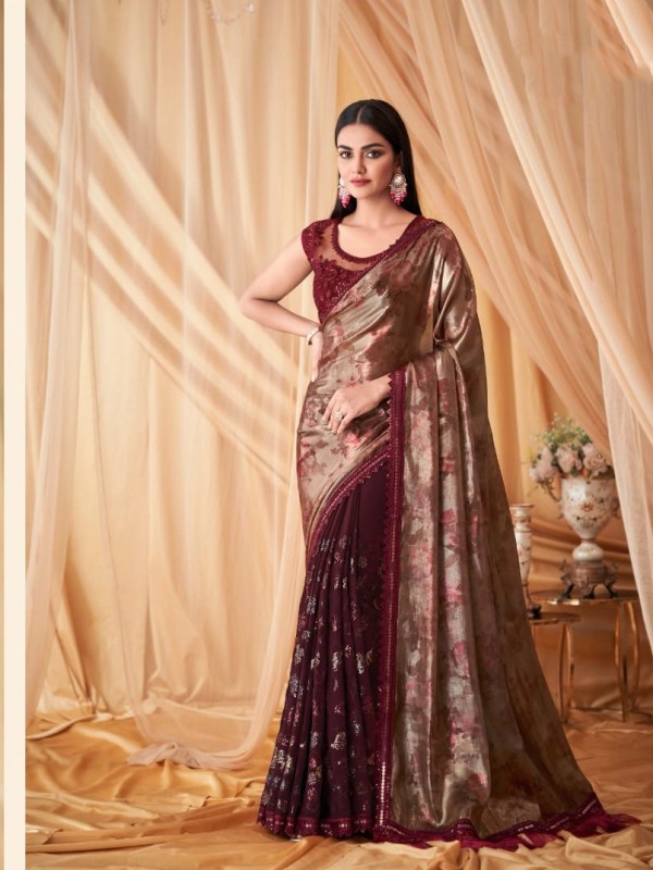Fancy Silk Party wear Saree Brown Color With Embroidery Work
