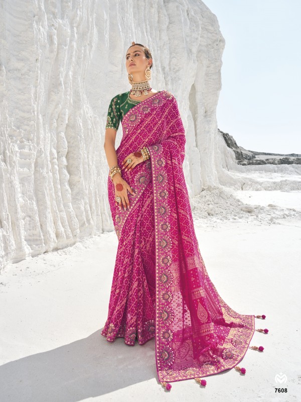 Pure Georgette Bandhani Patola Silk Fabric Wedding wear Saree In Pink Color With Embroidery Work