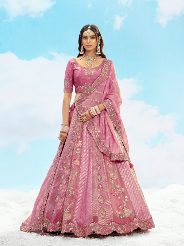 Fancy Silk Wedding Wear Lehenga in Pink Color With Embroidery work
