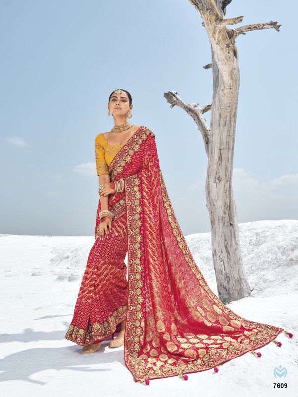 Pure Georgette Bandhani Patola Silk Fabric Wedding wear Saree In Red Color With Embroidery Work