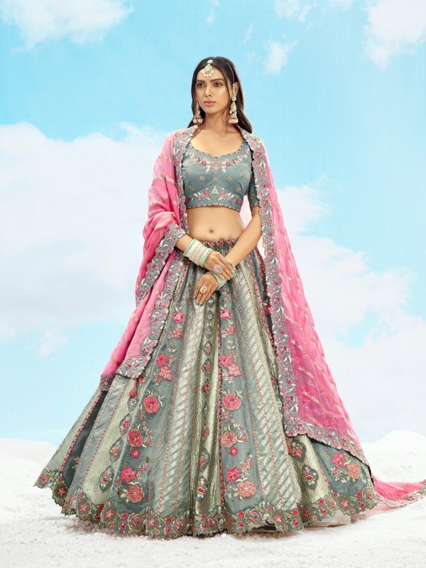 Fancy Silk Wedding Wear Lehenga in Grey Color With Embroidery work