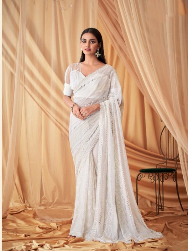 Georgette Party wear Saree White Color With Embroidery Work