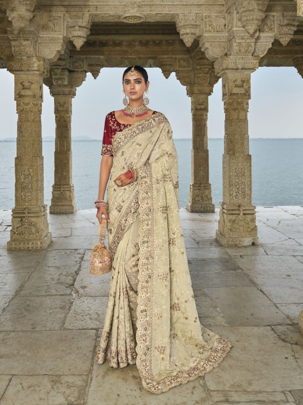 Pure Banarasi Bandhani Fabric Wedding wear Saree In Cream Color With Embroidery Work