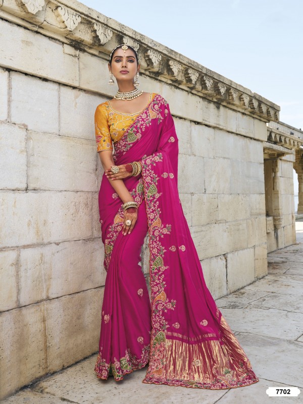 Pure Gaji Satin Silk Fabric Wedding wear Saree In Pink Color With Embroidery Work
