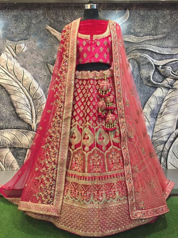 Pure Micro  Velvet Bridal  Wear Lehenga In Pink With Embroidery Work 