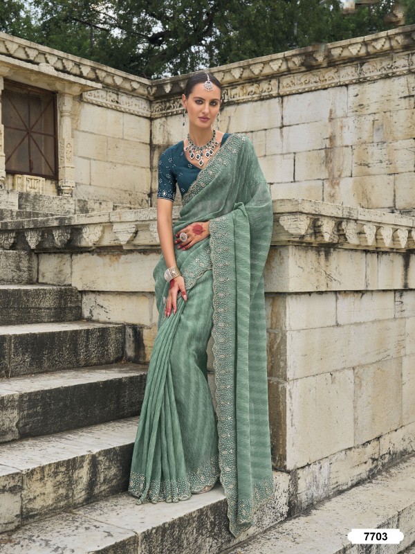 Pure Crush Tissue Silk Fabric Wedding wear Saree In Sea Green Color With Cut Dana Work