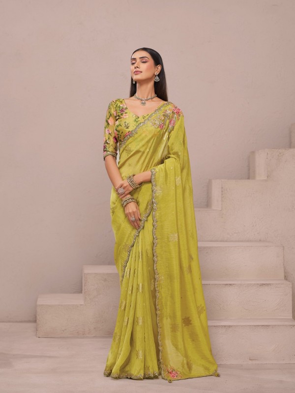 Fancy Silk Party wear Saree In Lemon Green Color With Designer Border & Work
