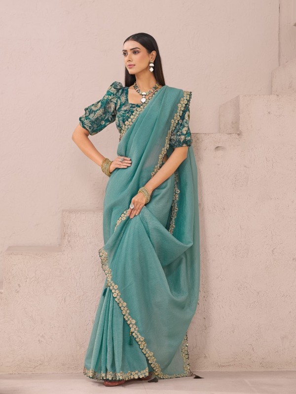 Fancy Silk Party wear Saree In Turquoise Color With Designer Border & Work
