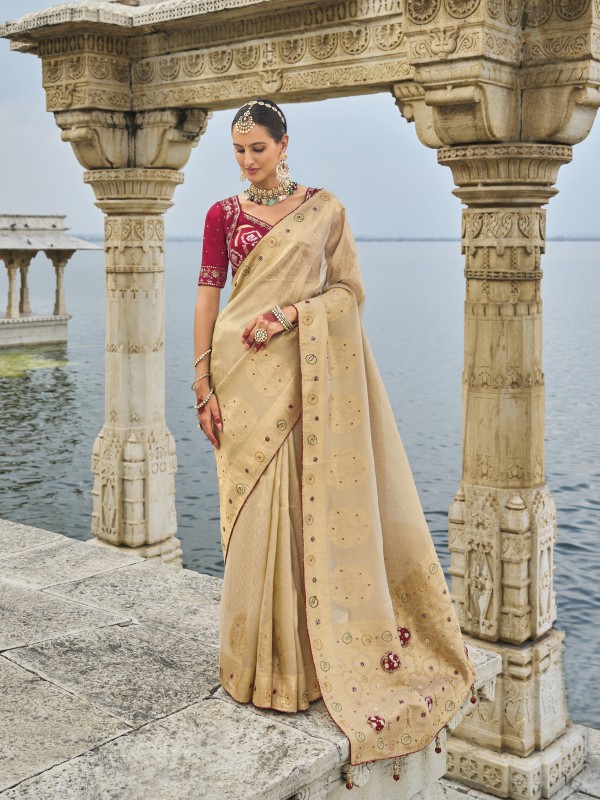 Pure Kanjivaram Silk Fabric Wedding wear Saree In Chiku Color With Jardoshi Work