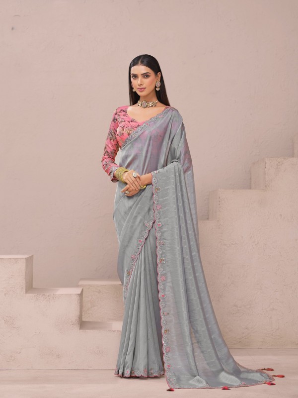 Fancy Silk Party wear Saree In Grey Color With Designer Border & Work