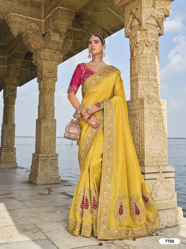 Pure Crepe Jacquard Silk Fabric Wedding wear Saree In Mustard Color With Embroidery & Jardoshi work 
