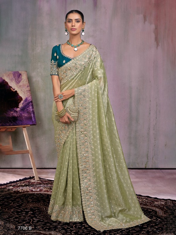 Pure Kanjivaram Silk Fabric Wedding wear Saree In Lime Green Color With Embroidery & Mirror Work