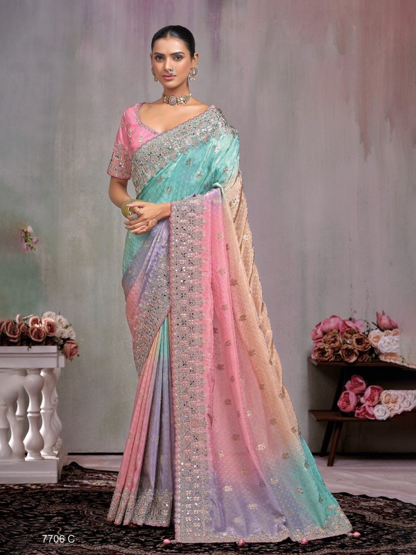 Pure Kanjivaram Silk Fabric Wedding wear Saree In Multi Color With Embroidery & Mirror Work