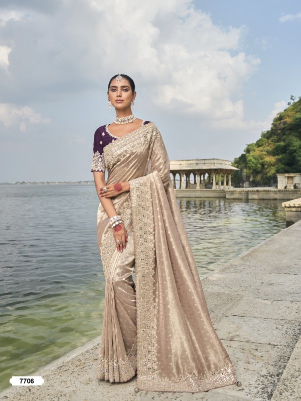 Pure Kanjivaram Silk Fabric Wedding wear Saree In Peach Color With Embroidery & Mirror Work