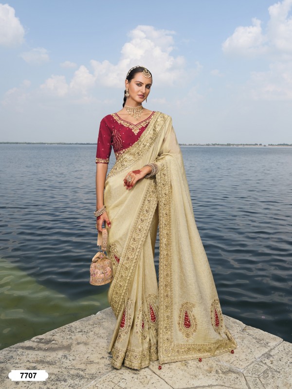 Pure Crepe Jacquard Silk Fabric Wedding wear Saree In Cream Color With Embroidery & Jardoshi work 