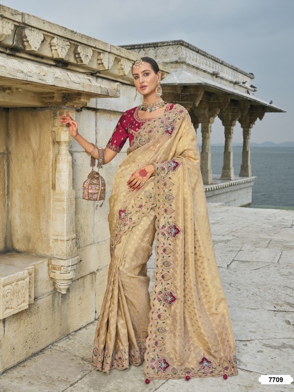 Pure Kanjivaram Silk Fabric Wedding wear Saree In Chiku Color With Embroidery & Mirror Work
