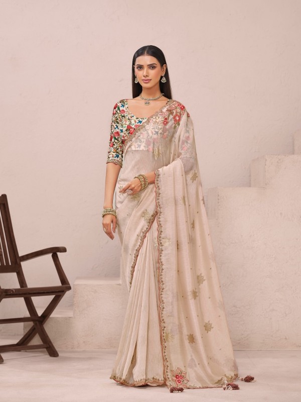 Pure Fancy Silk Wedding wear Saree In Cream Color With Embroidery Work