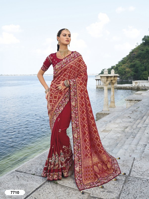Pure Bandhej & Pure Dola Silk Fabric Wedding wear Saree In Maroon Color With Embroidery & Mirror Work