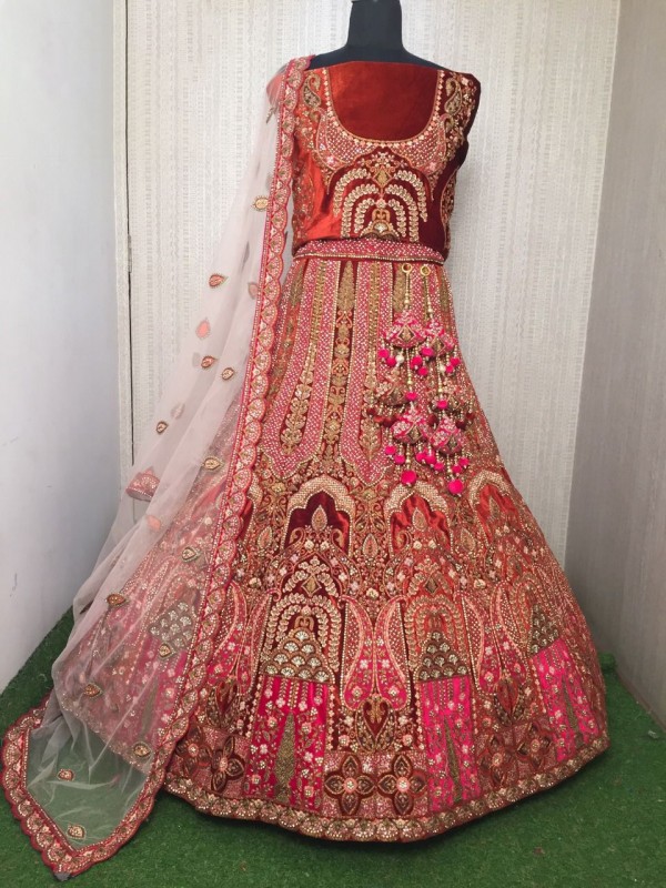 Pure Micro  Velvet Bridal  Wear Lehenga In Rust With Embroidery Work 