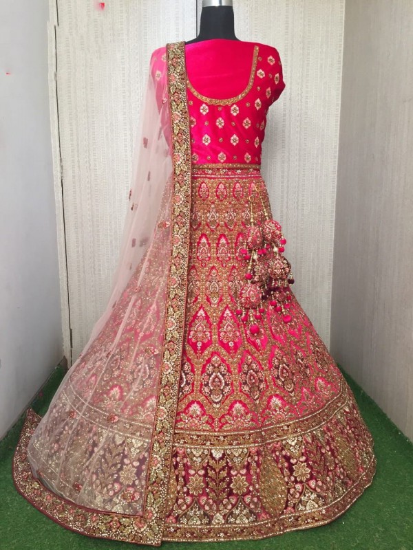 Pure Micro  Velvet Bridal  Wear Lehenga In Pink With Embroidery Work 