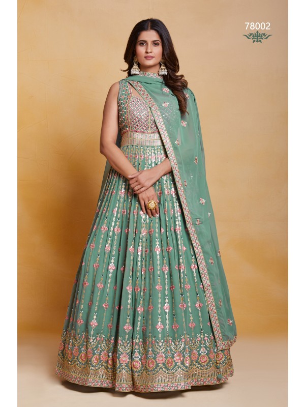 Pure Georgette  Party Wear Gown Sea Green Color with  Embroidery Work
