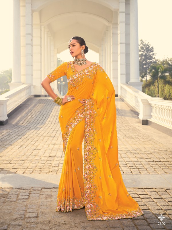 Pure Crape Silk Wedding Wear Saree In Mustard Color With Embroidery Work 