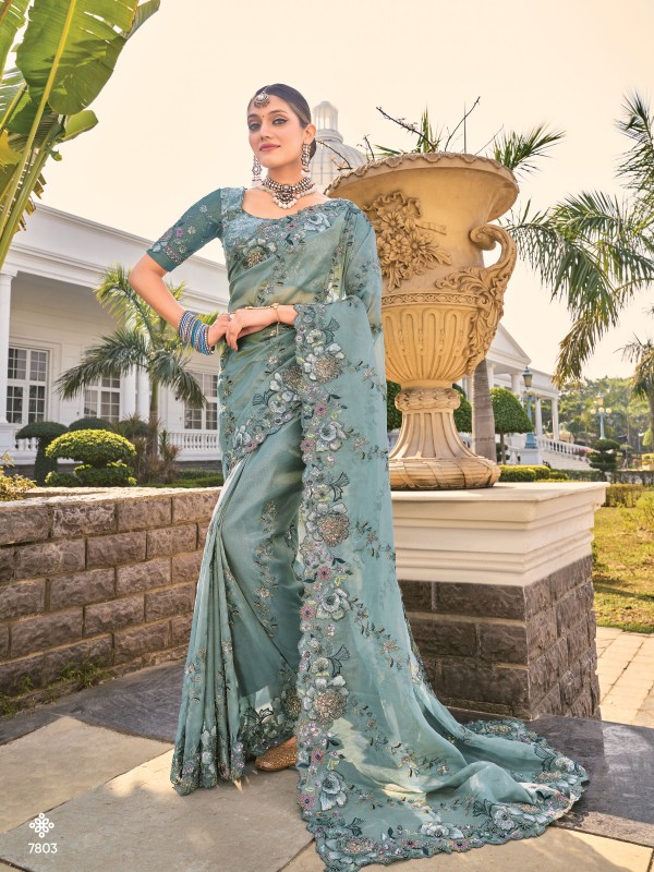 Pure Organza Silk Wedding Wear Saree In Grey Color With Embroidery Work 