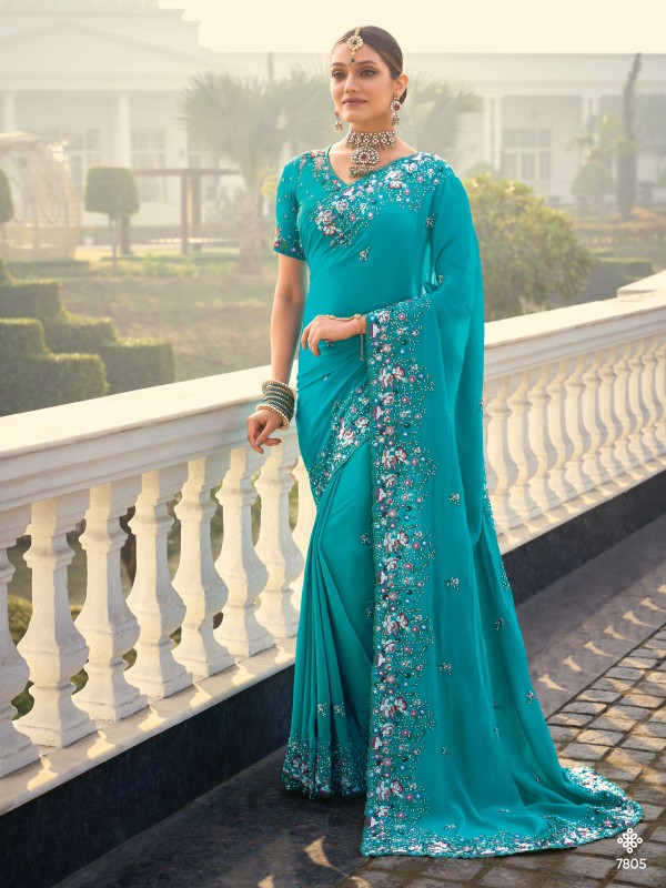 Pure Crape Silk Wedding Wear Saree In Turquoise Blue Color With Embroidery Work 