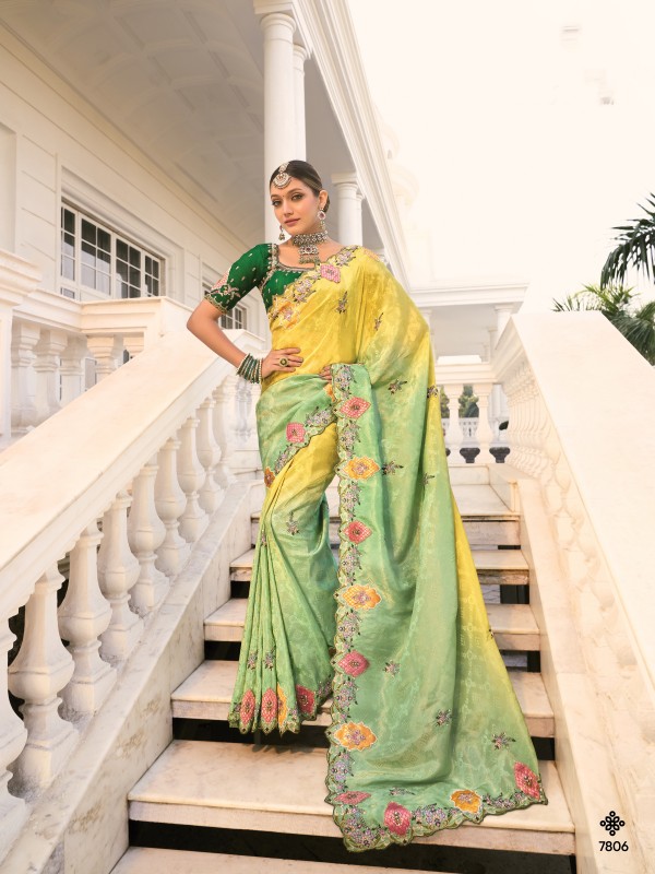 Pure Jacquard Silk Wedding Wear Saree In Lemon Green  Color With Embroidery Work 