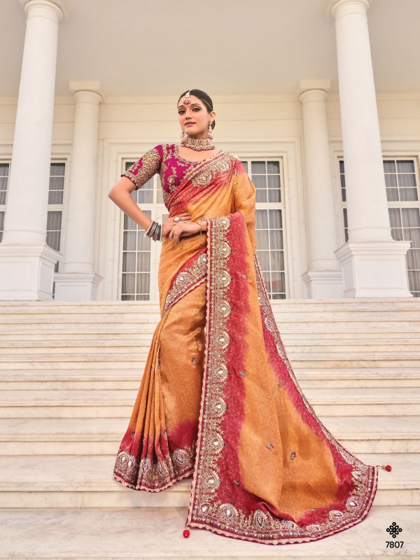 Pure Jacquard Silk Wedding Wear Saree In Multi color Color With Embroidery Work 