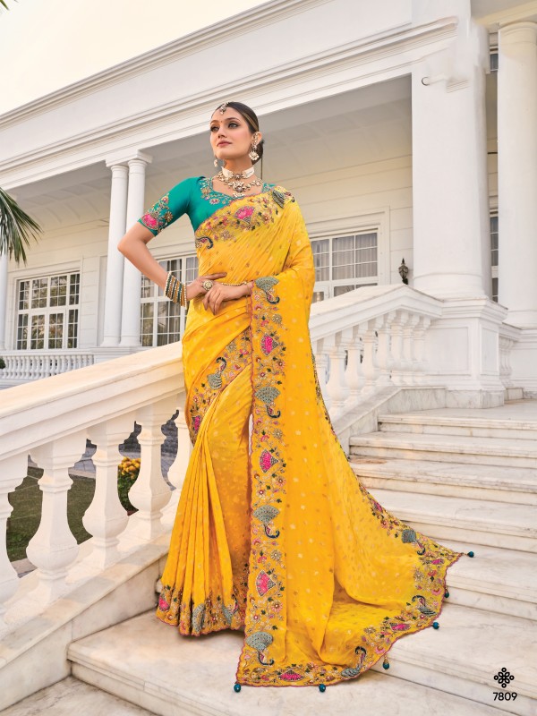 Pure Jacquard Silk Wedding Wear Saree In Yellow color Color With Embroidery Work 