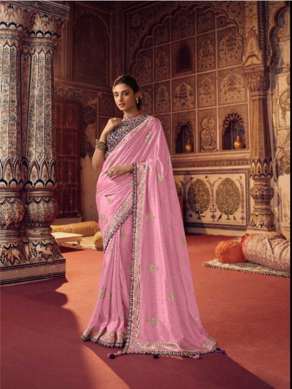Dola Silk  Saree Pink Color With Embroidery Work