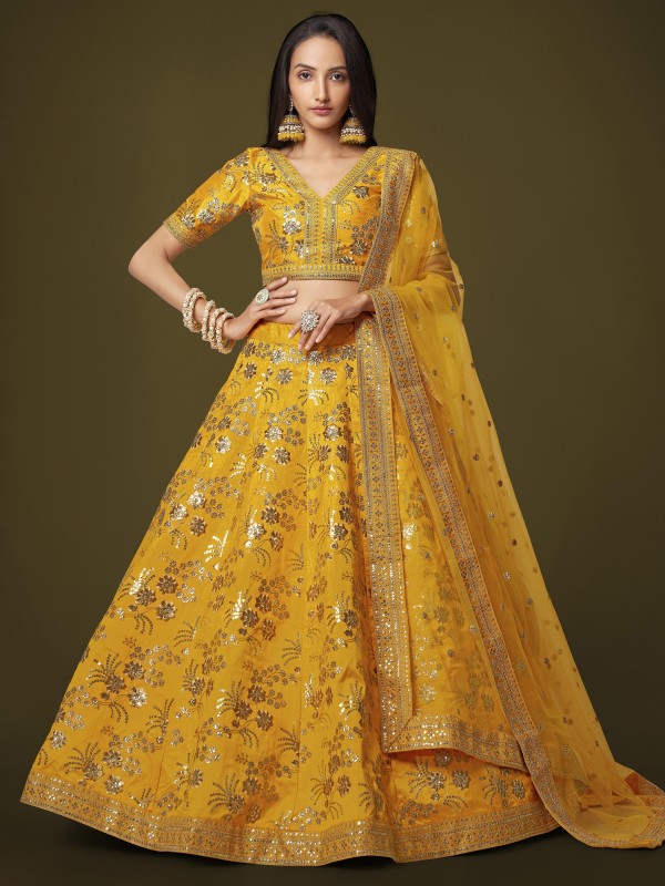  Silk  Party Wear Lehenga In Yellow Color With Embroidery Work