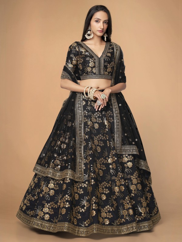  Silk  Party Wear Lehenga In Black Color With Embroidery Work
