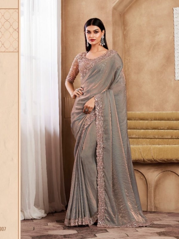Soft Silk  Party wear Saree Grey  Color With Embroidery Work
