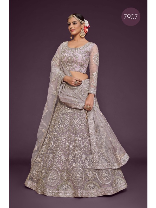 Soft Premium Net Wedding Wear Lehenga In Light Purple Color  With Embroidery Work