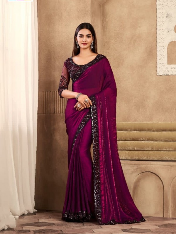 Soft Silk  Party wear Saree Wine  Color With Embroidery Work