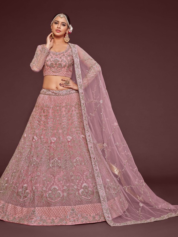 Soft Premium Net Wedding Wear Lehenga In Light Pink Color  With Embroidery Work