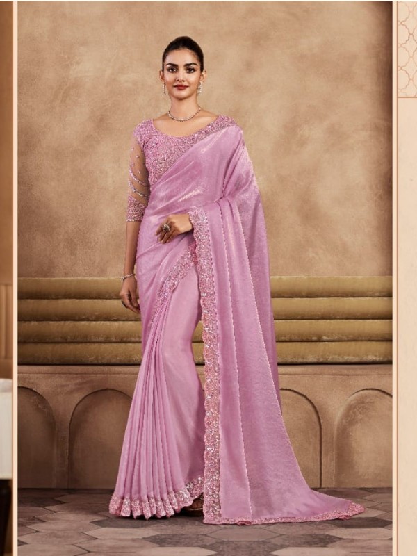 Soft Silk  Party wear Saree Lavender Color With Embroidery Work