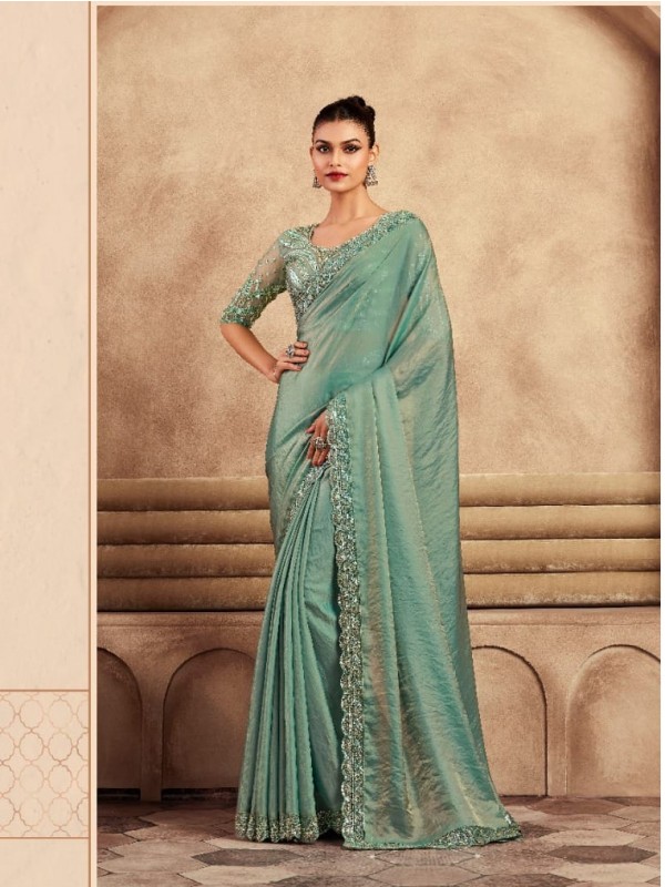 Soft Silk  Party wear Saree Sea Green Color With Embroidery Work