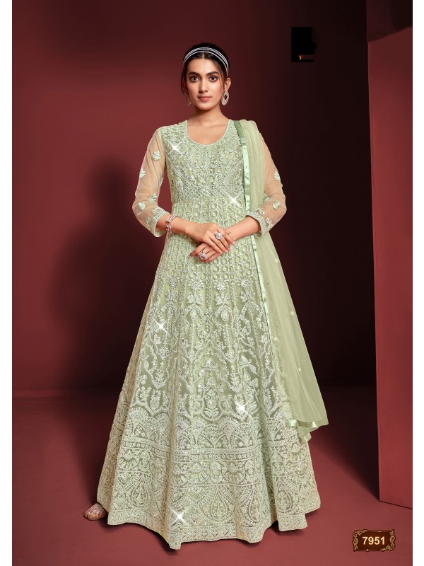 Butterfly Net Fabrics Party Wear  Gown In Green Color With Embroidery Work